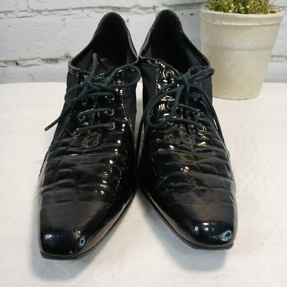 VANELI SHOES, BLACK REPTILE PATTERN LEATHER AND STRETCH FABRIC LACE UP SIZE 6M - Picture 3 of 8